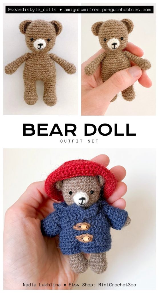 This is an idea for a crochet teddy bear outfit set. This aesthetic preview highlights the handmade details of our free pattern.