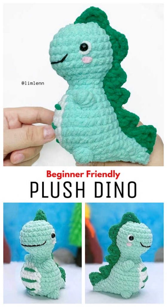 Cute no sew dinosaur amigurumi made with plush yarn, small size and friendly handmade design