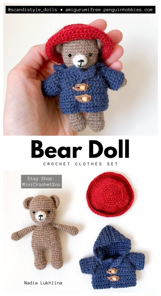 This is an idea for a little bear crochet jacket and outfit set. This professional visualization offers an inspirational look at the final amigurumi doll.