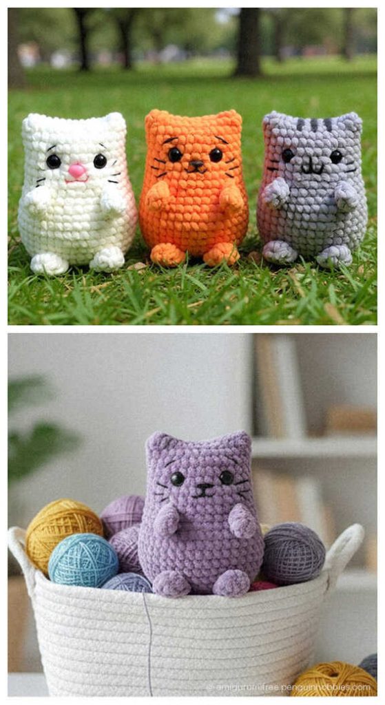 DIY Crochet Gift Idea: Free no sew kitten plushie with velvet yarn, AI generated version.