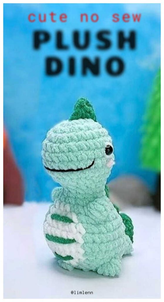 Plush dinosaur amigurumi no sew free pattern with rounded body, soft yarn texture and gift ready look