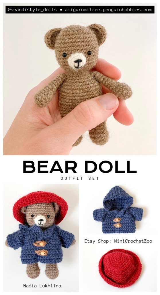 This is an idea for an amigurumi bear outfit set featuring a jacket and hat. This artistic visualization shows the completed project from our free pattern.