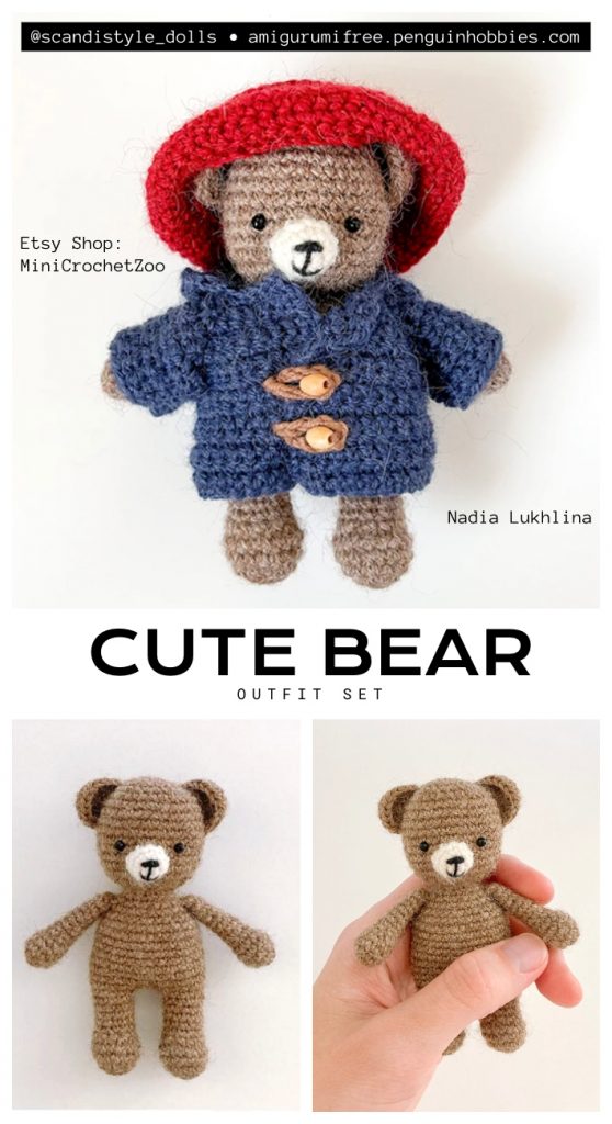 This is an idea for an amigurumi bear hat and clothing set. This artistic visualization provides a stylistic preview for our free pattern followers.