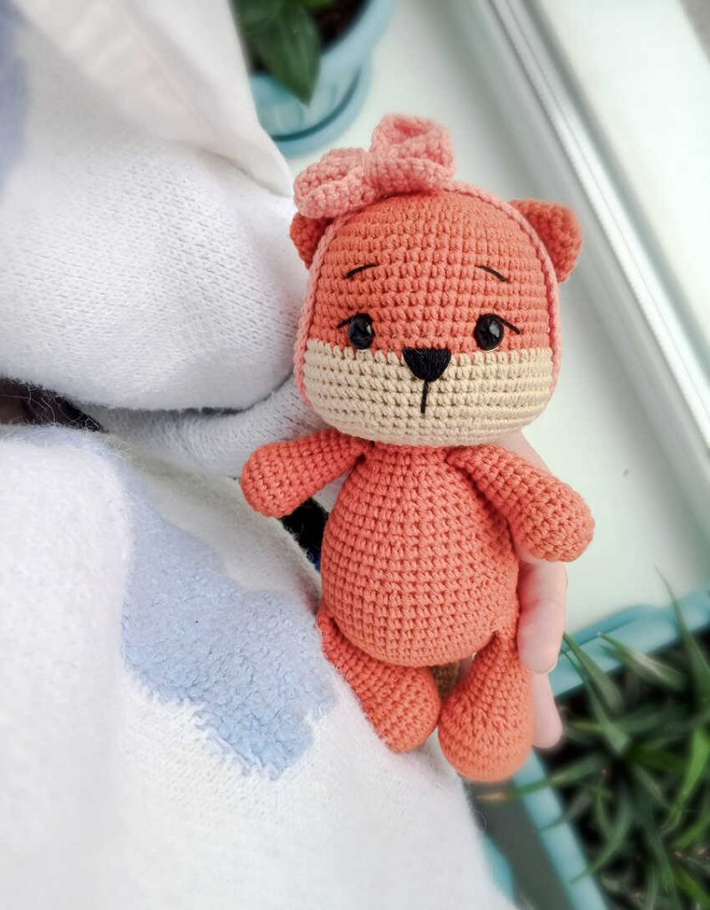 This is a detailed image of the cute fox doll from our free amigurumi pattern.