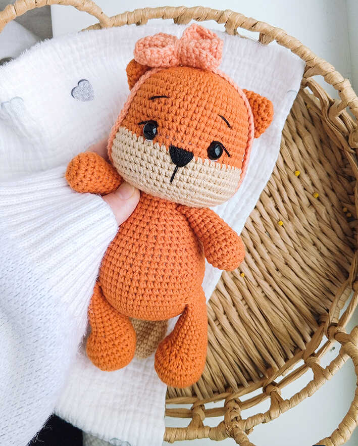 This is a clear image of the finished little fox amigurumi project from our free instructions.