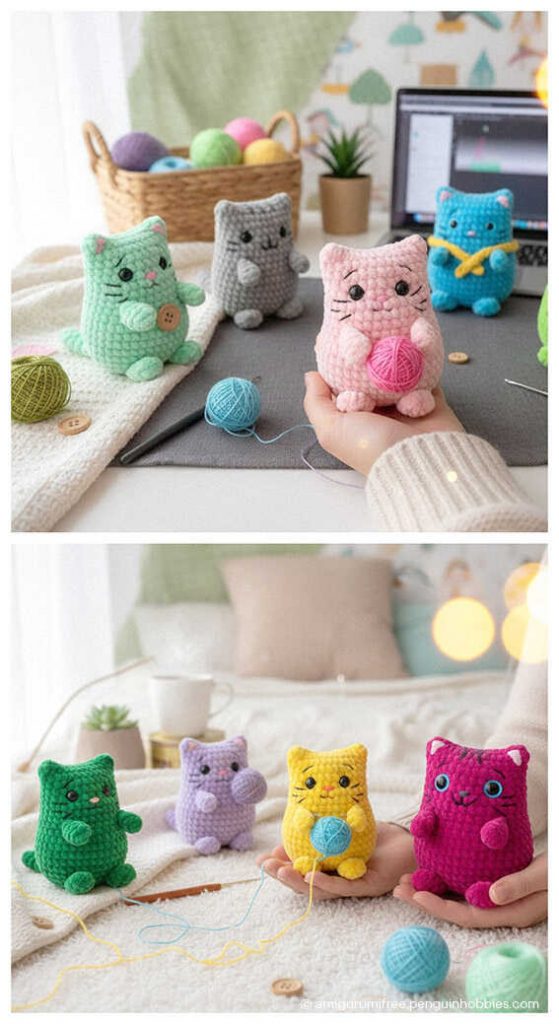 Nursery Decor Inspiration: Stylish no sew amigurumi kitten for modern rooms, AI concept art.