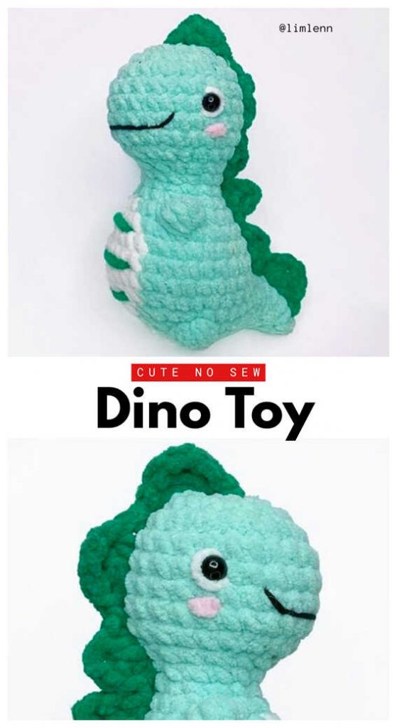 No sew dinosaur amigurumi crochet toy showing clean stitches, soft texture and beginner friendly shape