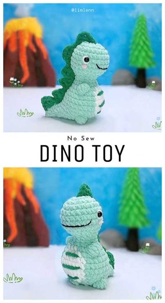 No sew dinosaur amigurumi free pattern with soft plush yarn, simple construction and cute handmade character