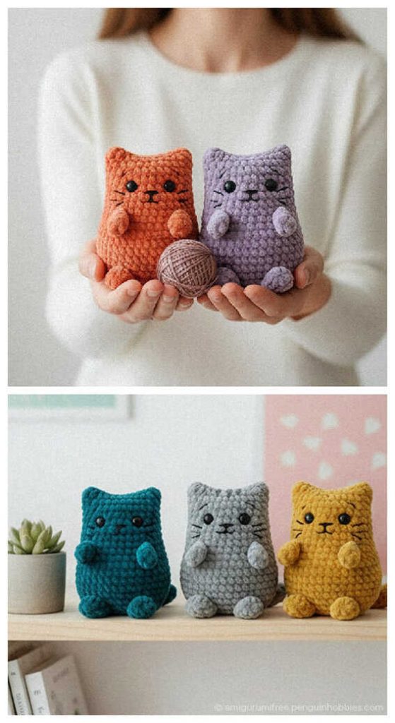 DIY Crochet Gift Idea: Free no sew sleepy kitten for nursery gift sets, AI generated version.